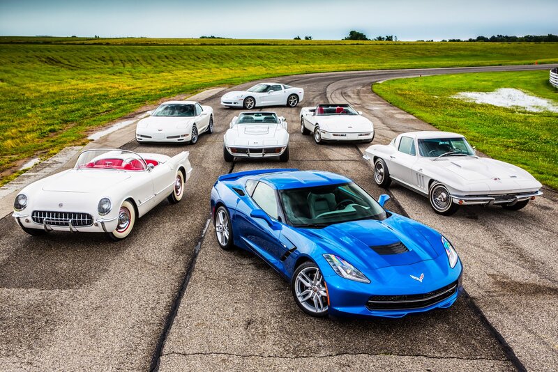 Seven White and Blue Corvettes
