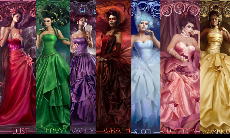Seven Women in Gowns — Red, Dramatic, Digital Art, Sins, Crowns