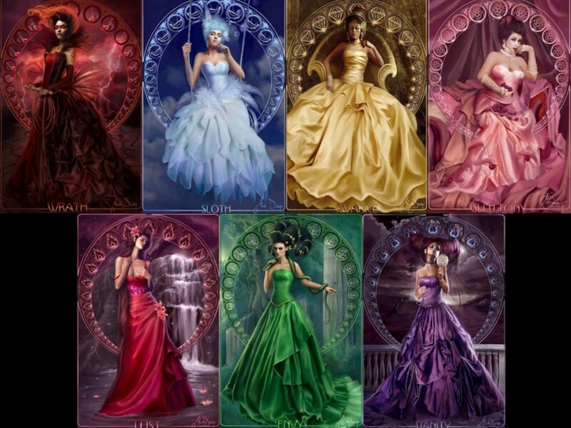 Seven Women in Gowns — Red, Dramatic, Digital Art