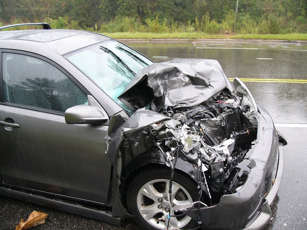 Severely damaged car after accident