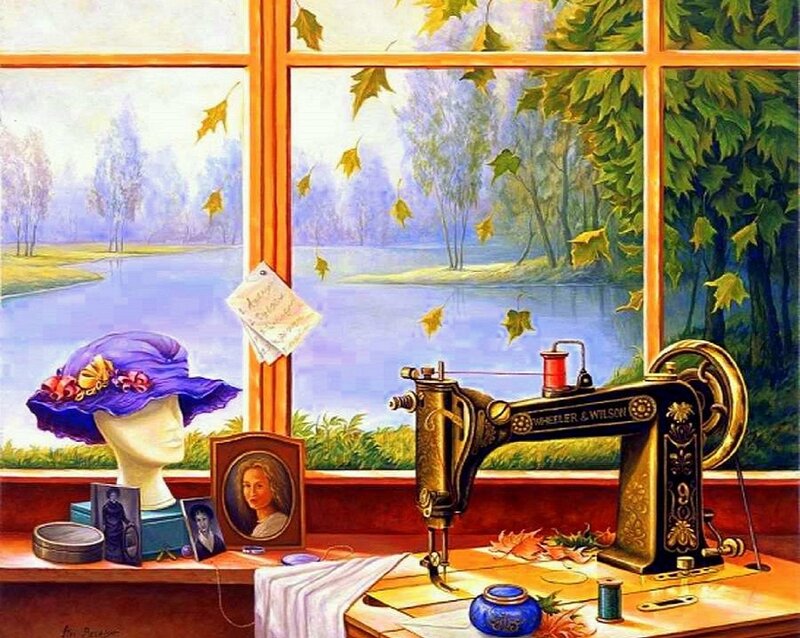 Sewing Machine on Table — Blue