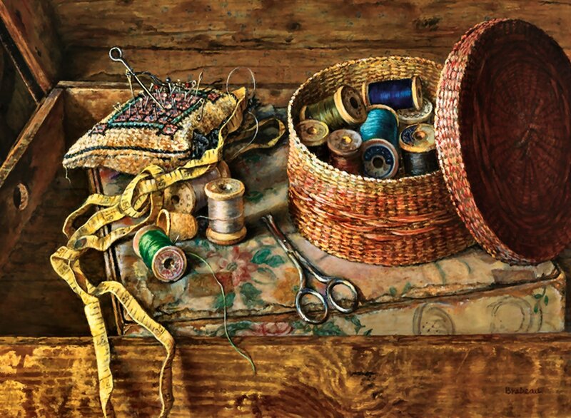 Sewing Supplies in Basket — Brown