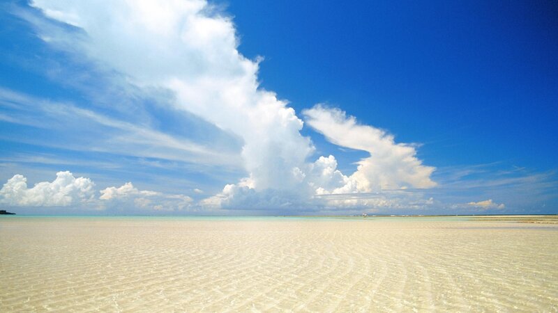 Shallow Beach with Clouds — Blue, Serene, Afternoon