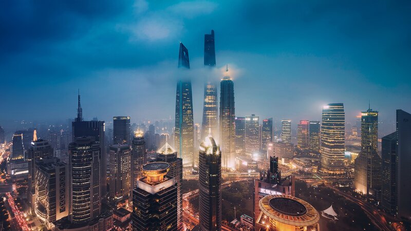 Shanghai Skyline at Dusk — Blue, Dramatic, Night, Photograph