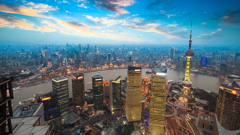 Shanghai Skyline at Dusk — Blue, Dramatic, Sunset, Photograph, River