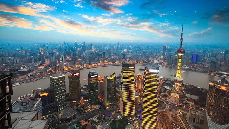 Shanghai Skyline at Dusk — Blue, Dramatic, Sunset, Photograph