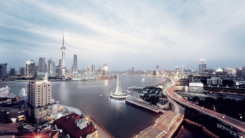 Shanghai Skyline at Dusk — Blue, Serene, Night, Photograph, River, Skyscrapers