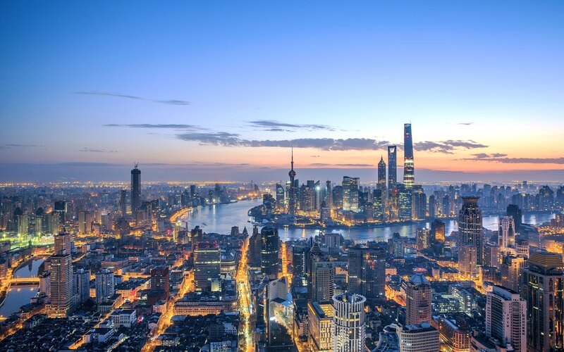 Shanghai Skyline at Dusk — Blue, Serene, Sunset, Photograph, River, Skyscrapers