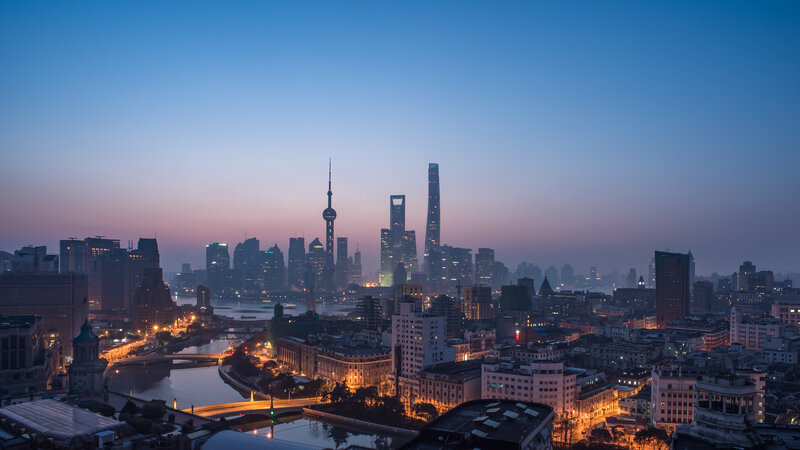 Shanghai Skyline at Dusk — Blue, Serene, Sunset, Photograph, Skyscrapers, River
