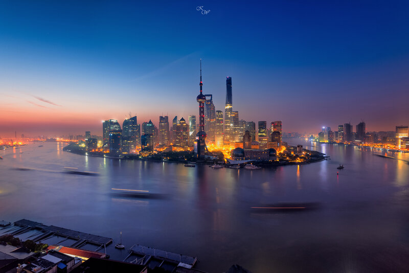 Shanghai Skyline at Dusk — Blue, Serene, Sunset, Photograph, Skyscrapers