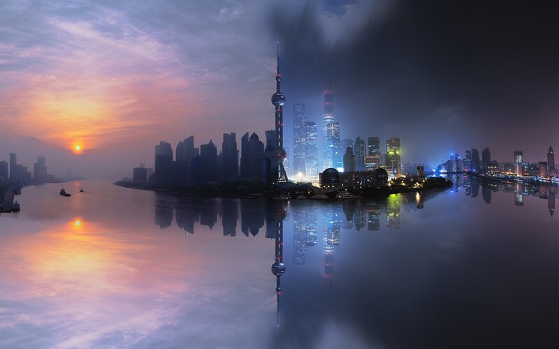 Shanghai Skyline at Dusk — Purple, Dramatic