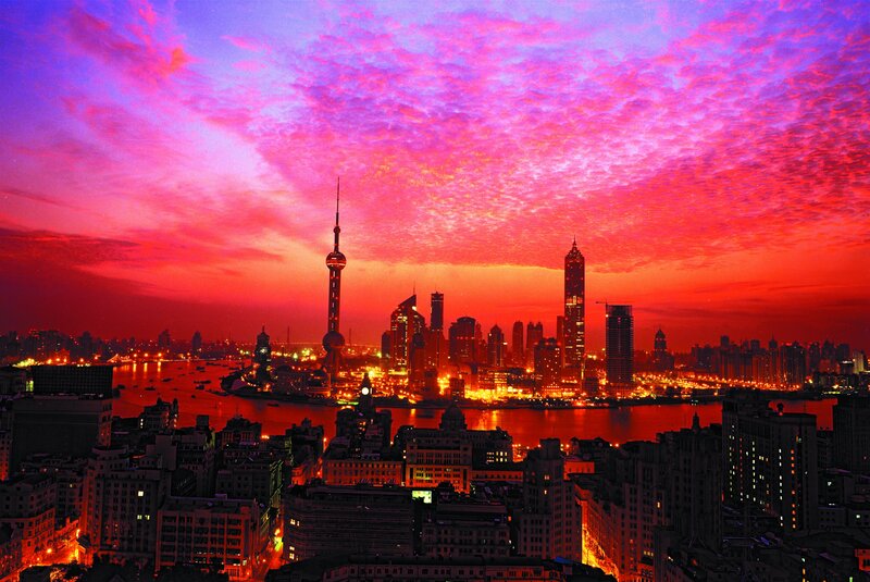 Shanghai Skyline at Dusk — Red