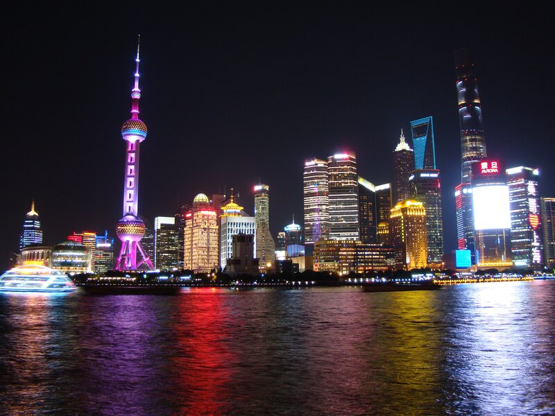 Shanghai Skyline at Night — Black, Dramatic, Photograph, River, Boat