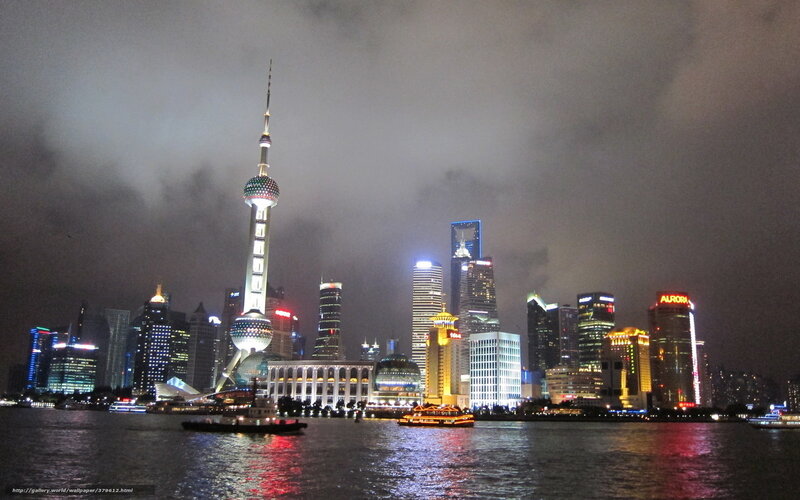 Shanghai Skyline at Night — Black, Dramatic, Photograph, River, Boats