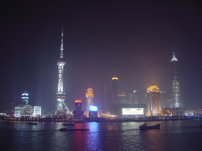 Shanghai Skyline at Night — Black, Dramatic, Photograph, River, Skyscrapers, Boats
