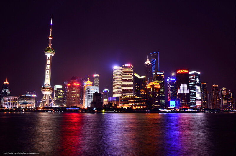 Shanghai Skyline at Night — Black, Dramatic, Photograph, River, Skyscrapers, Oriental Pearl Tower