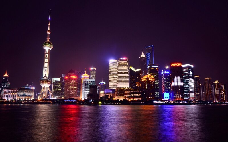 Shanghai Skyline at Night — Black, Dramatic, Photograph, River, Skyscrapers