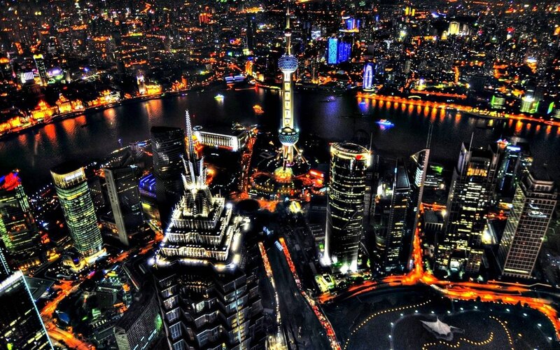 Shanghai Skyline at Night — Black, Dramatic, Photograph, River