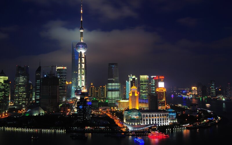 Shanghai Skyline at Night — Black, Dramatic, Photograph, Skyscrapers, River, Boat