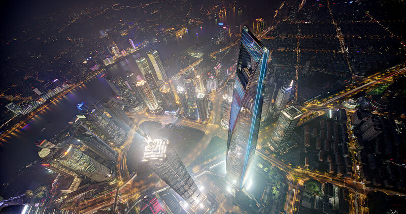 Shanghai Skyline at Night — Black, Dramatic, Photograph, Skyscrapers, River, City Lights