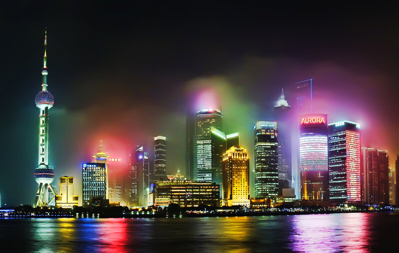 Shanghai Skyline at Night — Black, Dramatic, Photograph, Skyscrapers, River