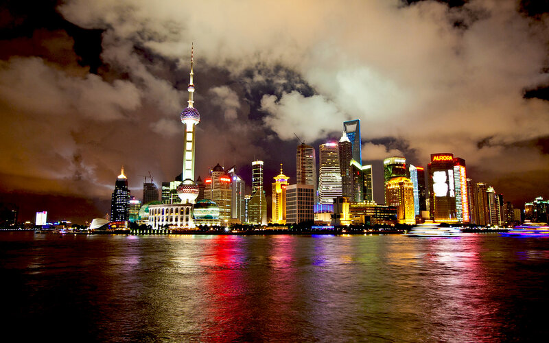 Shanghai Skyline at Night — Black, Dramatic, Photograph