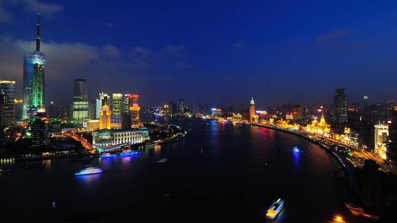 Shanghai Skyline at Night — Blue, Dramatic, Photograph, River, Boats, Skyscrapers