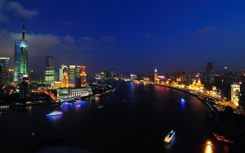 Shanghai Skyline at Night — Blue, Dramatic, Photograph, River, Boats