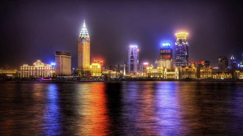 Shanghai Skyline at Night — Blue, Dramatic, Photograph, River, Buildings