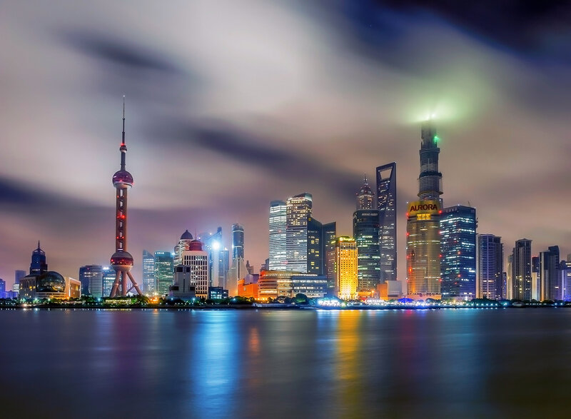 Shanghai Skyline at Night — Blue, Dramatic, Photograph, River, Skyscrapers, Clouds