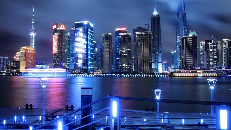 Shanghai Skyline at Night — Blue, Dramatic, Photograph, River, Skyscrapers
