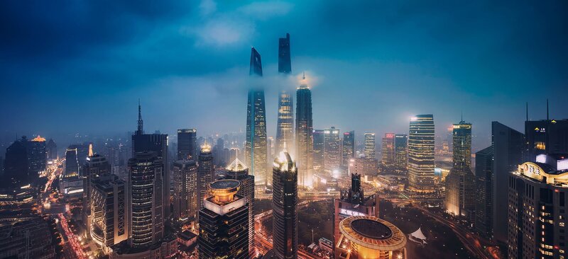 Shanghai Skyline at Night — Blue, Dramatic, Photograph, Skyscrapers, City Lights, Clouds