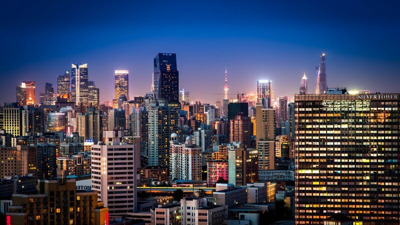 Shanghai Skyline at Night — Blue, Dramatic, Photograph, Skyscrapers, City Lights