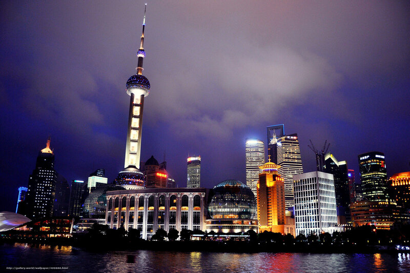 Shanghai Skyline at Night — Blue, Dramatic, Photograph, Skyscrapers, River, Clouds
