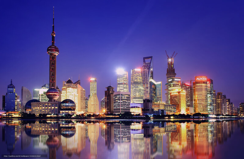 Shanghai Skyline at Night — Blue, Dramatic, Photograph, Skyscrapers, River, Reflection