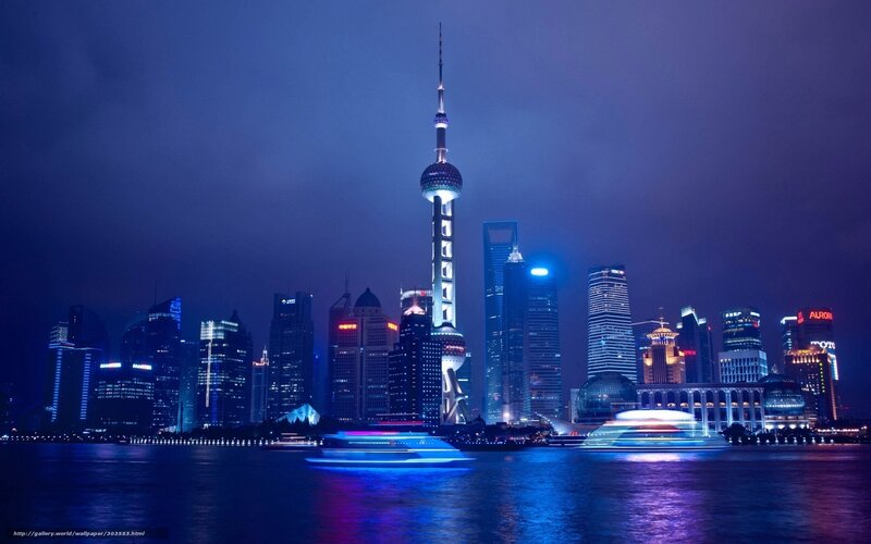 Shanghai Skyline at Night — Blue, Dramatic, Photograph, Skyscrapers, River