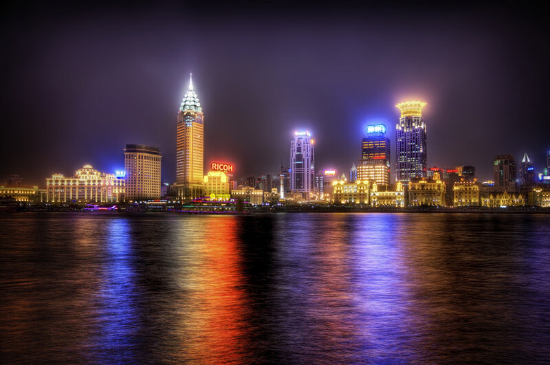 Shanghai Skyline at Night — Blue, Dramatic, Photograph