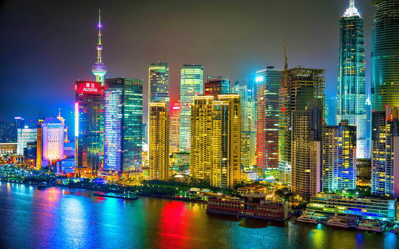 Shanghai Skyline at Night — Blue, Vibrant