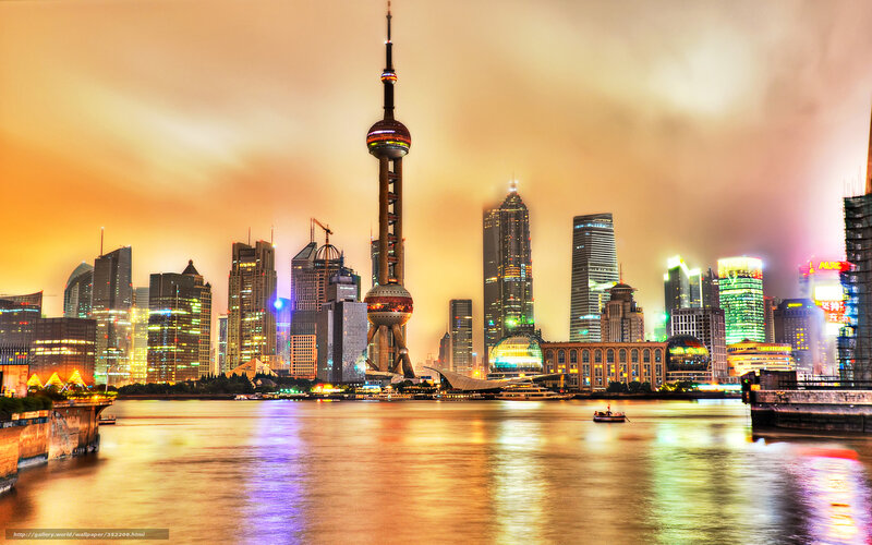 Shanghai Skyline at Night — Orange, Dramatic, Photograph, River, Skyscrapers