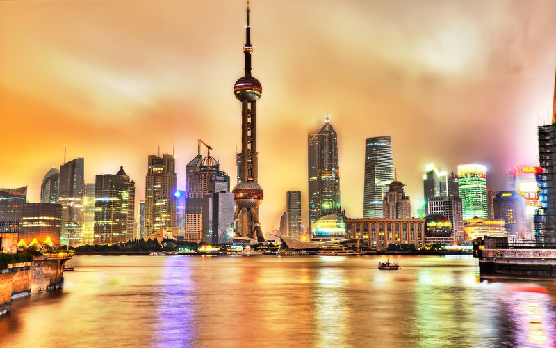 Shanghai Skyline at Night — Orange, Dramatic, Photograph, River