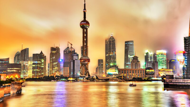 Shanghai Skyline at Night — Orange, Dramatic, Photograph