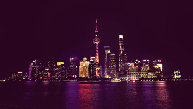 Shanghai Skyline at Night — Purple, Dramatic, Photograph, Skyscrapers, River, Lights