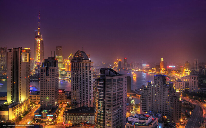 Shanghai Skyline at Night — Purple, Dramatic, Photograph, Skyscrapers, River