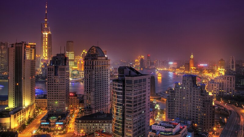 Shanghai Skyline at Night — Purple, Dramatic, Photograph