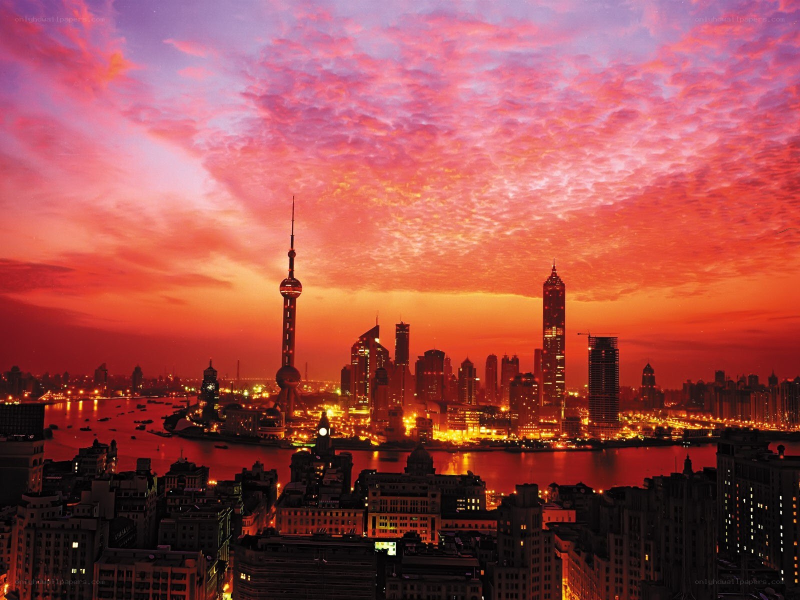 Shanghai skyline at sunset