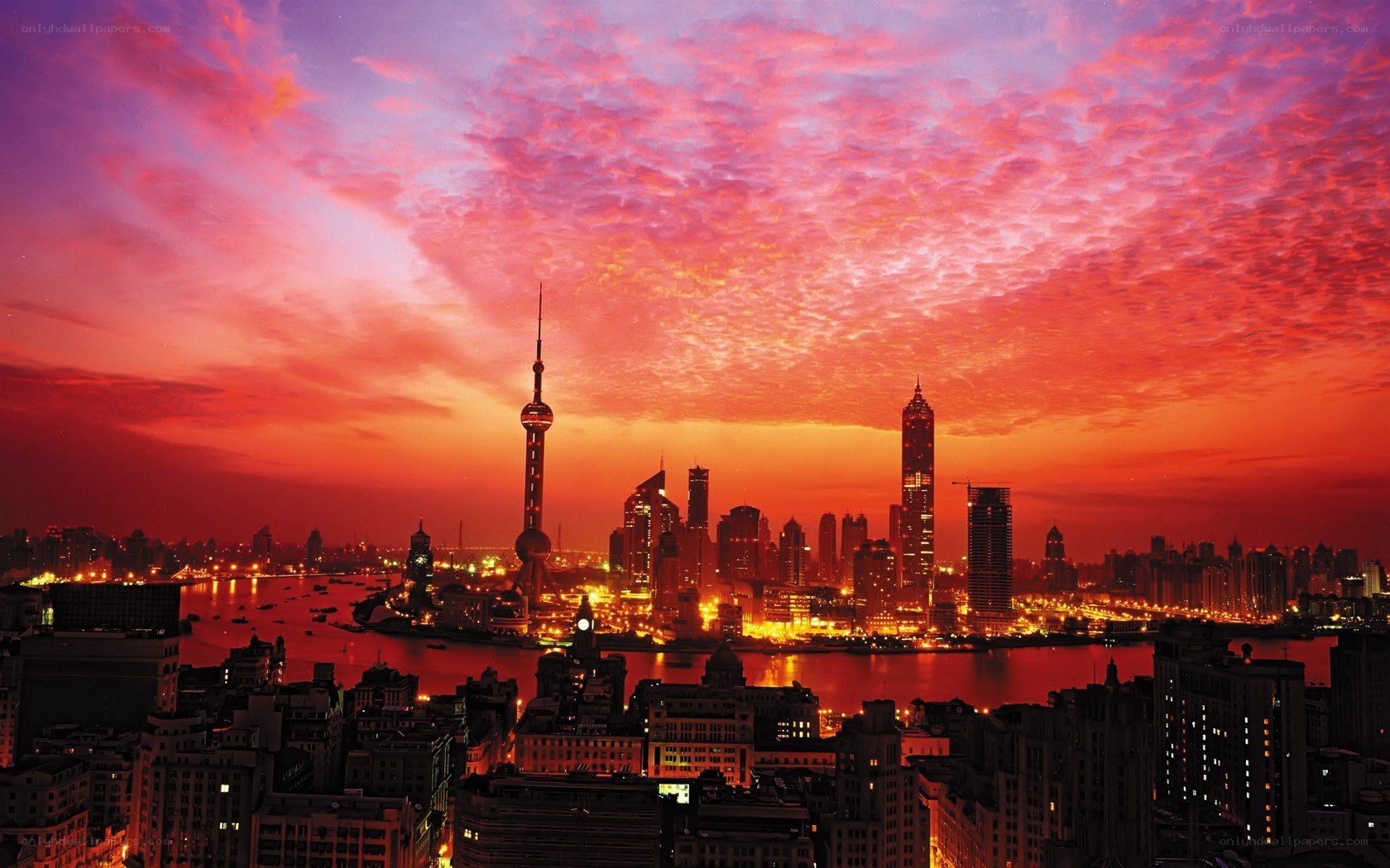 Shanghai skyline at sunset