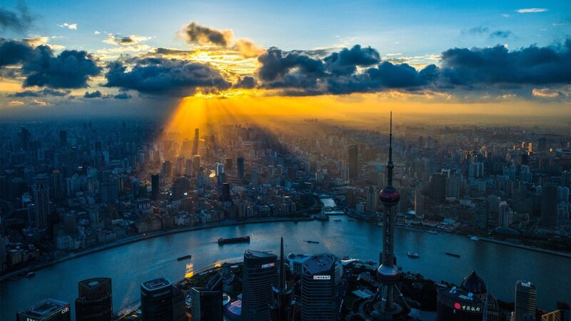 Shanghai Skyline at Sunset — Blue, Dramatic, Photograph, River