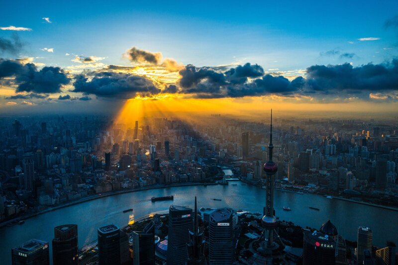 Shanghai Skyline at Sunset — Blue, Dramatic, Photograph