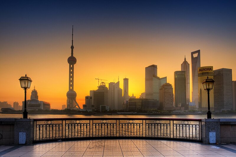 Shanghai Skyline at Sunset — Orange, Serene, Photograph, Skyscrapers