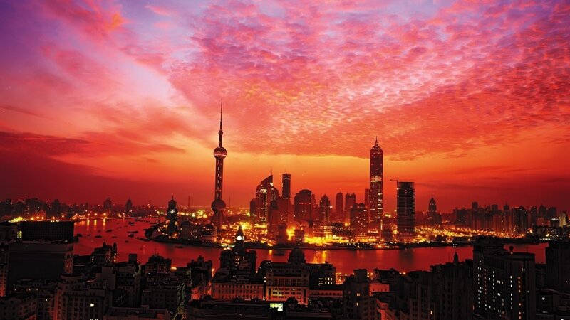 Shanghai Skyline at Sunset — Red, Dramatic, Photograph, River, Skyscrapers